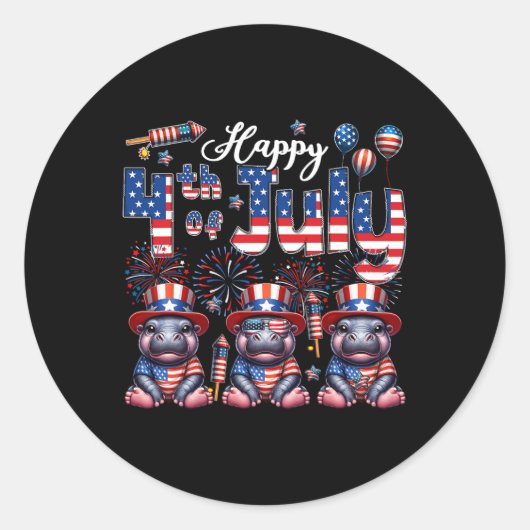 Happy 4th of July Drie Schattigee nijlpaarden Zonn Ronde Sticker (Voorkant)