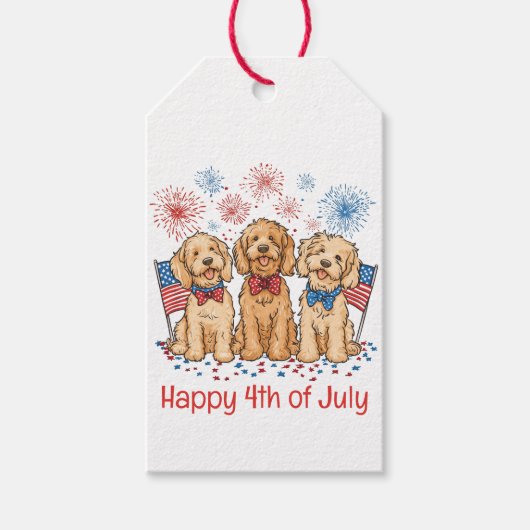 Happy 4th of July Goldendoodle Honden Vuurwerk Cadeaulabel (Voorkant)