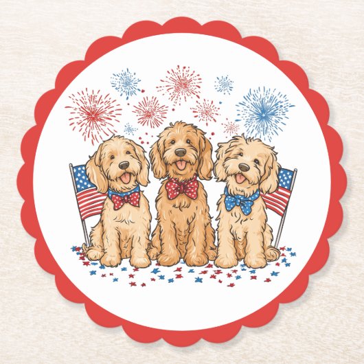 Happy 4th of July Goldendoodle Honden Vuurwerk Kartonnen Onderzetters (Voorkant)