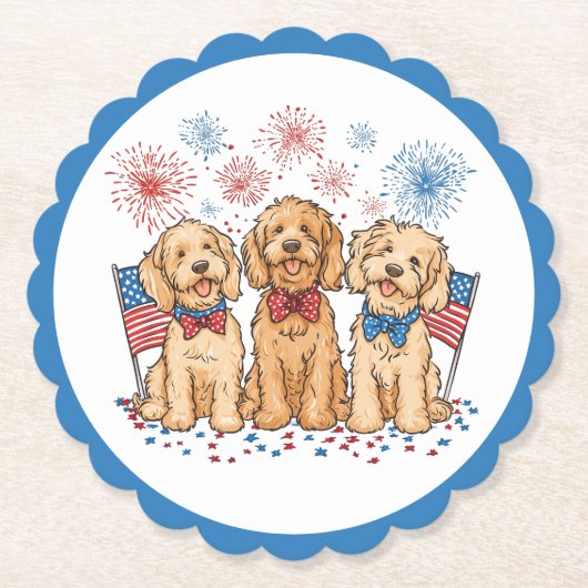 Happy 4th of July Goldendoodle Honden Vuurwerk Kartonnen Onderzetters (Voorkant)