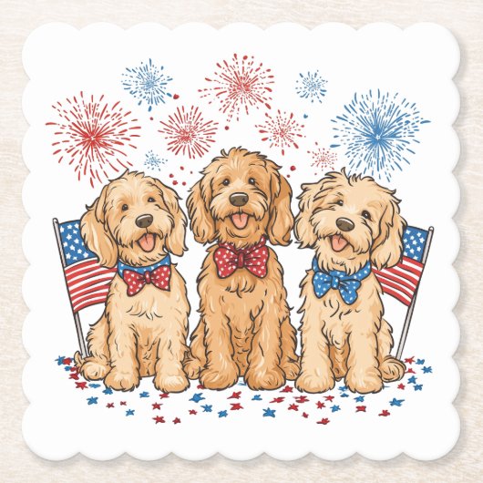 Happy 4th of July Goldendoodle Honden Vuurwerk Kartonnen Onderzetters (Voorkant)