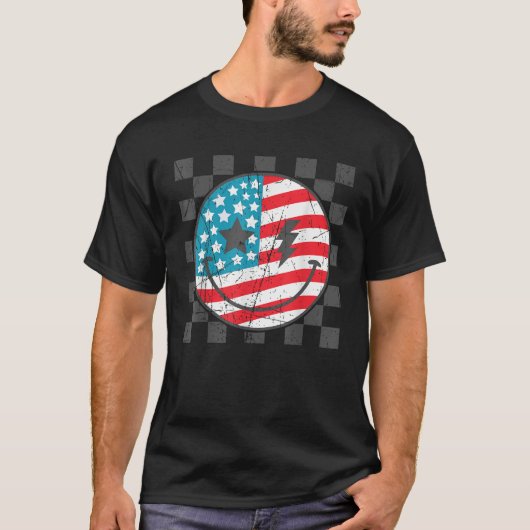 Happy 4th Of July Groovy Smile Face Red White Blue T-shirt (Voorkant)