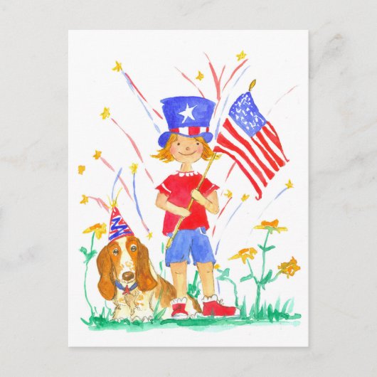 Happy 4th of July Patriotic Girl Hound Dog Briefkaart (Voorkant)