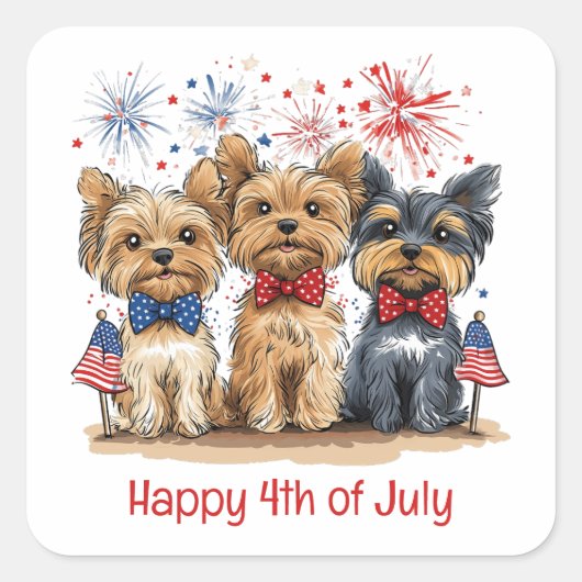 Happy 4th of July Yorkshire Terriër Honden Vierkante Sticker (Voorkant)