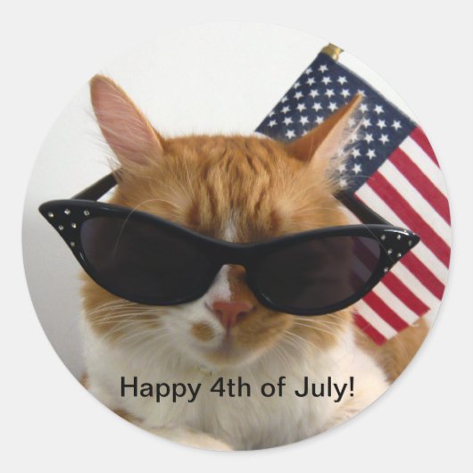 Happy 4th van juli Cool Cat met Flag Sticker (Voorkant)