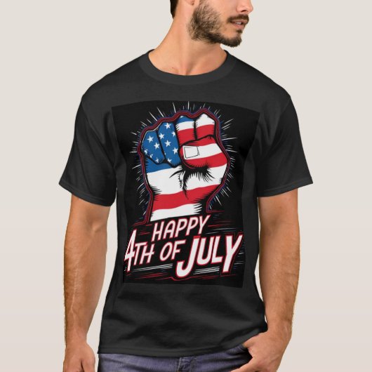Happy 4th van juli gebalde vuist patriottisch zwar t-shirt (Voorkant)