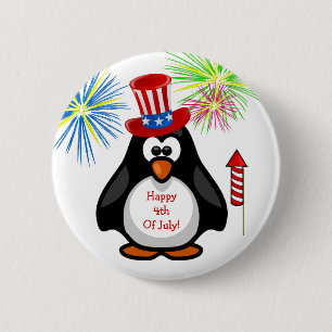 HAPPY 4TH VAN JULY Cute Penguin Fireworks Rocket Ronde Button 5,7 Cm