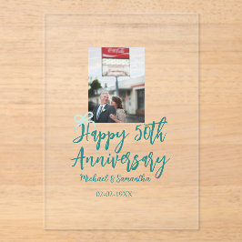 Happy 50th anniversary photo turquoise bow name da acryl uitnodigingen