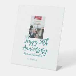 Happy 50th anniversary photo turquoise bow name da reclamebord met voetstuk