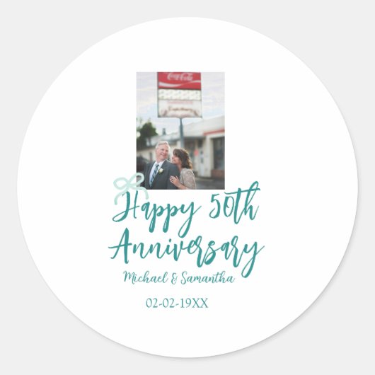 Happy 50th anniversary photo turquoise bow name da ronde sticker (Voorkant)