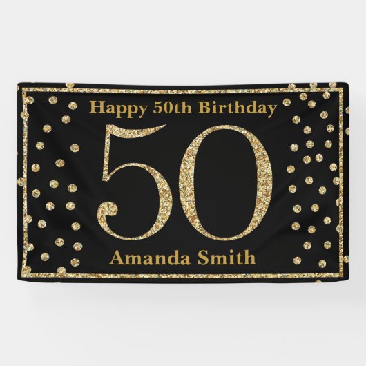 Happy 50th Birthday Banner Black en Gold Glitter (Horizontaal)