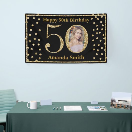 Happy 50th Birthday Banner Black en Gold Photo (Beurs)