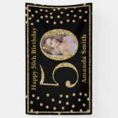 Happy 50th Birthday Banner Black en Gold Photo (Verticaal)