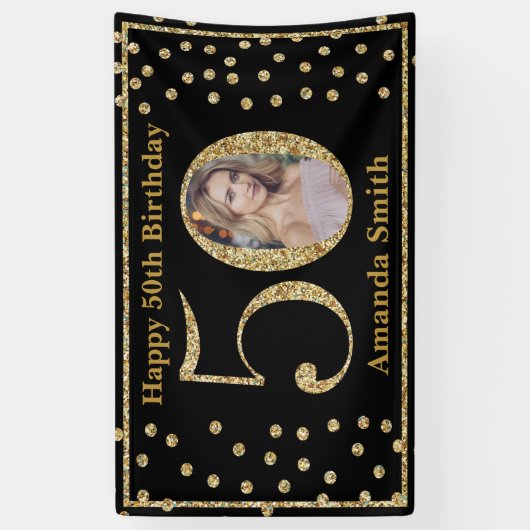 Happy 50th Birthday Banner Black en Gold Photo (Verticaal)