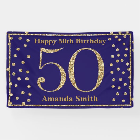 Happy 50th Birthday Banner Navy Blue Gold Glitter (Horizontaal)