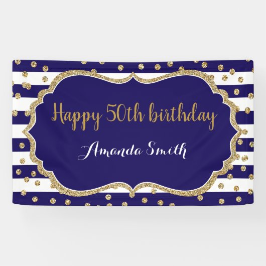 Happy 50th Birthday Banner. Navy Blue Gold Glitter Spandoek (Horizontaal)