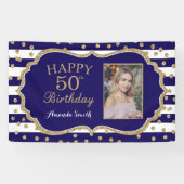 Happy 50th Birthday Banner Navy Blue Gold Photo (Horizontaal)