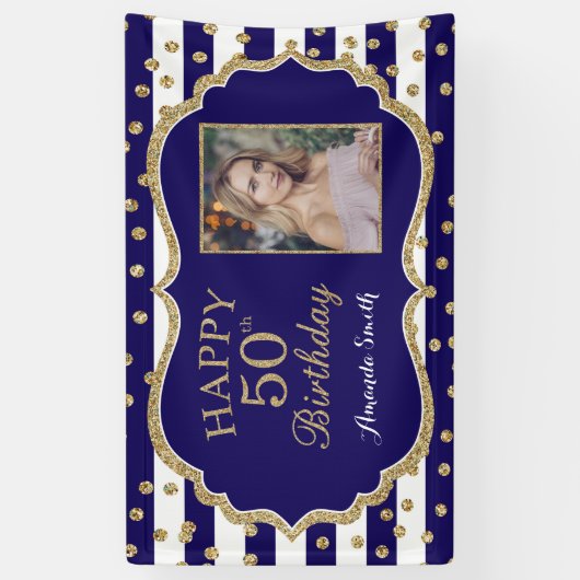 Happy 50th Birthday Banner Navy Blue Gold Photo (Verticaal)