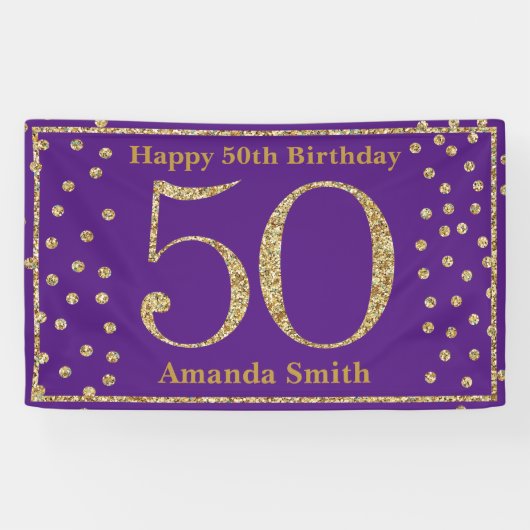 Happy 50th Birthday Banner Paars en Gold Glitter (Horizontaal)