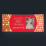 Happy 50th Birthday Banner Red en Gold Photo<br><div class="desc">Fijne 50ste verjaardag banner voor vrouwen of man. Rood en goudfeest feestdag. Glitter Confetti. Zwarte en witte strepen. Afdrukbaar digitaal. Voor verdere aanpassing,  te klikken gelieve de knoop "van de Aanpassing het"en ons ontwerphulpmiddel te gebruiken om deze sjabloon te wijzigen.</div>