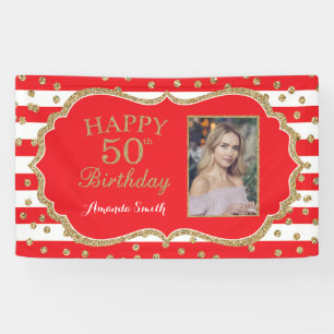 Happy 50th Birthday Banner Red Gold Glitter Foto