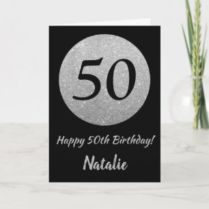 Happy 50th Birthday Black en Silver Glitter Card Kaart