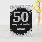 Happy 50th Birthday Black en Silver Glitter Card Kaart (Gele Bloem)