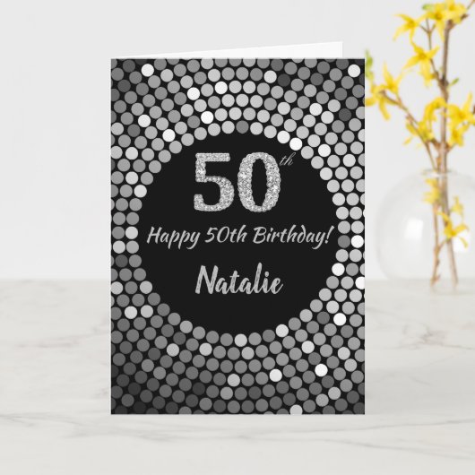 Happy 50th Birthday Black en Silver Glitter Card Kaart (Gele Bloem)