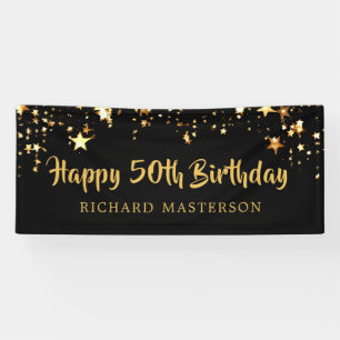 Happy 50th Birthday Black Gold Stars of Jouw tekst Spandoek