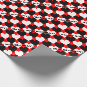 Happy 50th Birthday Black/White/Red Hearts Cadeaupapier