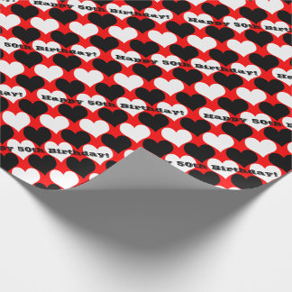 Happy 50th Birthday Black/White/Red Hearts Cadeaupapier