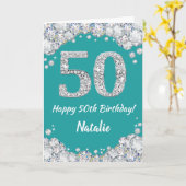 Happy 50th Birthday Blauwgroen en Silver Glitter C Kaart (Gele Bloem)