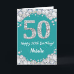 Happy 50th Birthday Blauwgroen en Silver Glitter C Kaart<br><div class="desc">Happy 50th Birthday Blauwgroen Turquoise Aqua en Silver Glitter Card met persoonlijke naam. Voor verdere aanpassing,  te klikken gelieve de knoop "van de Aanpassing het"en ons ontwerphulpmiddel te gebruiken om deze sjabloon te wijzigen.</div>