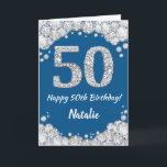 Happy 50th Birthday Blue en Silver Glitter Card Kaart<br><div class="desc">Happy 50th Birthday Blue en Silver Glitter Card met persoonlijke naam. Voor verdere aanpassing,  te klikken gelieve de knoop "van de Aanpassing het"en ons ontwerphulpmiddel te gebruiken om deze sjabloon te wijzigen.</div>