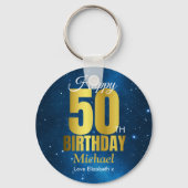 Happy 50th Birthday Blue Gold Sleutelhanger (Voorkant)