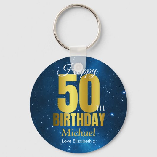 Happy 50th Birthday Blue Gold Sleutelhanger (Voorkant)