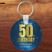 Happy 50th Birthday Blue Gold Sleutelhanger (Voorkant)