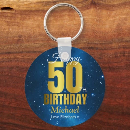 Happy 50th Birthday Blue Gold Sleutelhanger (Voorkant)