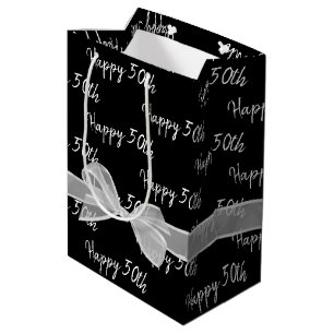 Happy 50th Birthday Bow op Black Medium Gift Bag Cadeauzakje