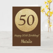 Happy 50th Birthday Brown and Gold Glitter Card Kaart (Gele Bloem)