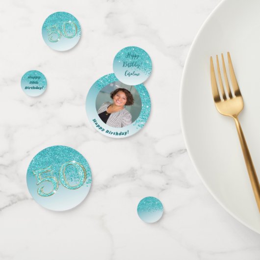 Happy 50th Birthday Chic Blauwgroen Blue Glitter Confetti (Groep)
