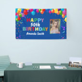 Happy 50th Birthday Colorful Balloons Blue Spandoek (Beurs)
