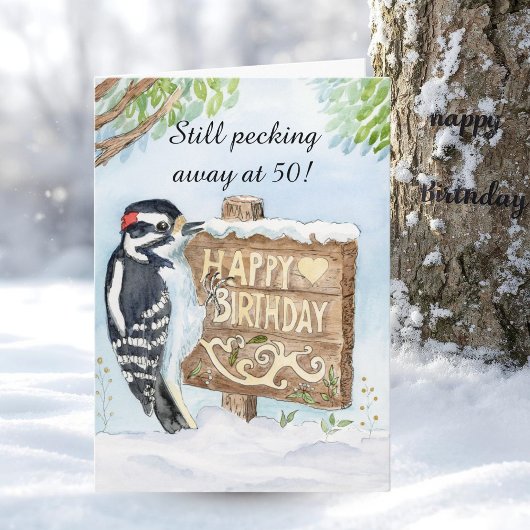 Happy 50th Birthday Downy Woodpecker Kaart