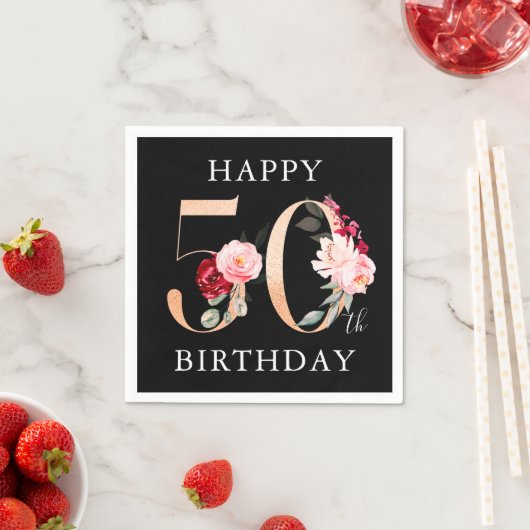 Happy 50th Birthday Gold Black Floral Party Servet (Insitu)