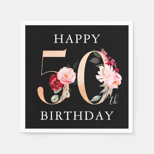 Happy 50th Birthday Gold Black Floral Party Servet (Voorkant)