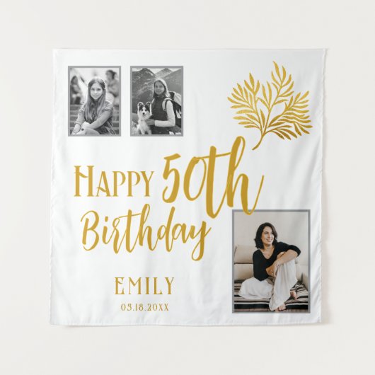 Happy 50th Birthday Gold Foliage 3 Foto Achtergron Wandkleed (Voorkant)