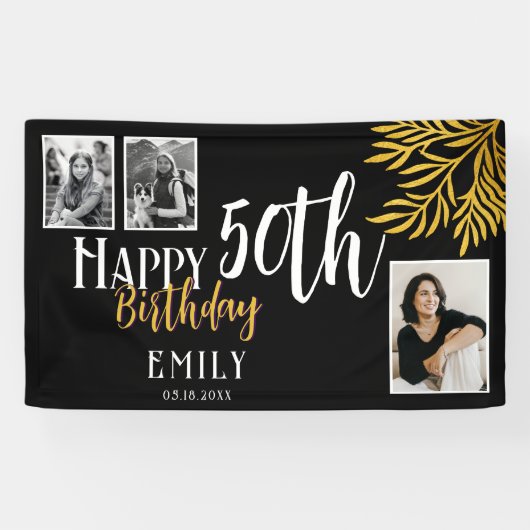 Happy 50th Birthday Gold Foliage 3 Photo Backdrop Spandoek (Horizontaal)