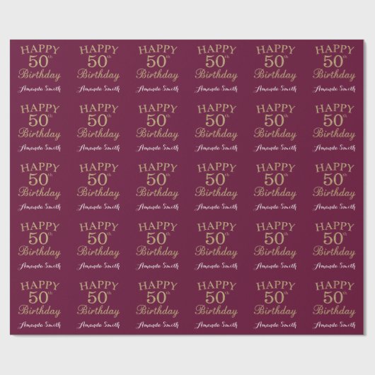 Happy 50th Birthday Gold Glitter en Burgundy Red Cadeaupapier (Vlak)
