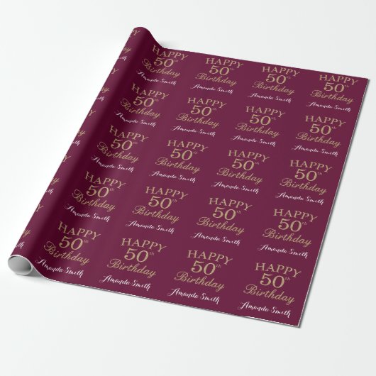 Happy 50th Birthday Gold Glitter en Burgundy Red Cadeaupapier (Uitgerold)