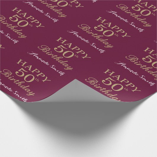 Happy 50th Birthday Gold Glitter en Burgundy Red Cadeaupapier (Hoek)
